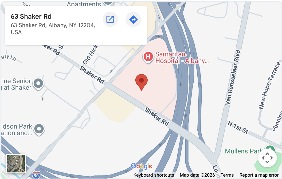 Map showing Albany Eye Associates at 63 Shaker Road, Suite 101, Albany NY